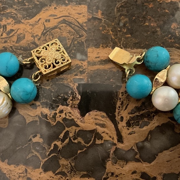 NWOT Turquoise White Pearl Choker Necklace/Bracelet/Earrings Gorgeous Set - Picture 6 of 10